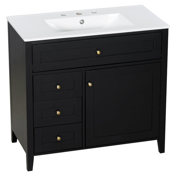 English Elm 36-Inch Black Bathroom Vanity With Sink – Modern Design, 3 Drawers, Adjustable Shelf For Storage N725P350821B