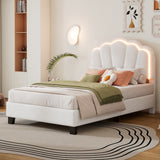 English Elm Twin Size Upholstered Flower-Shape Bed, Elegant Flowers Headboard With Led Light Strip , Sherpa Fabric Platform Bed With Wooden Slats Support, White