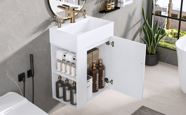 English Elm 20 Modern Wall-Mounted Bathroom Vanity with Ceramic Sink, Diamond Door, Gold Handles & Shelves — Compact White N725P314033K
