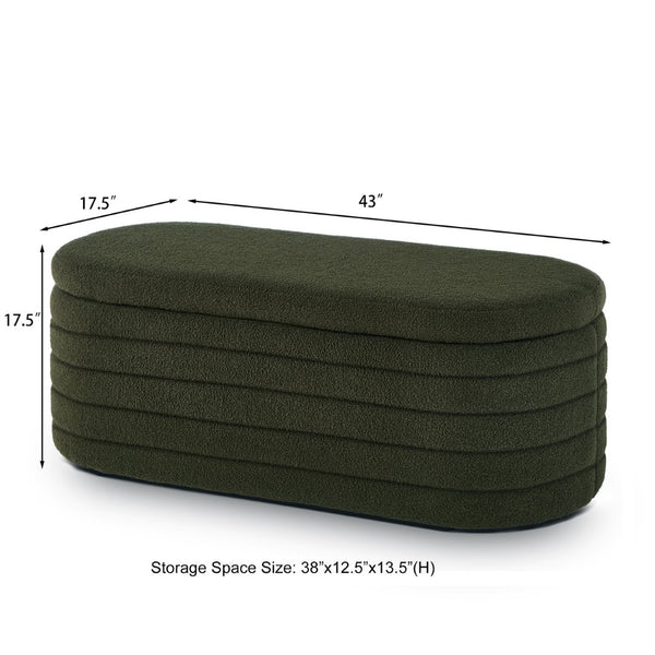 English Elm Modern Boucle Upholstered Oval Bench with Hinged Lid Storage for Bedroom Entryway Dark Green W2186P193118