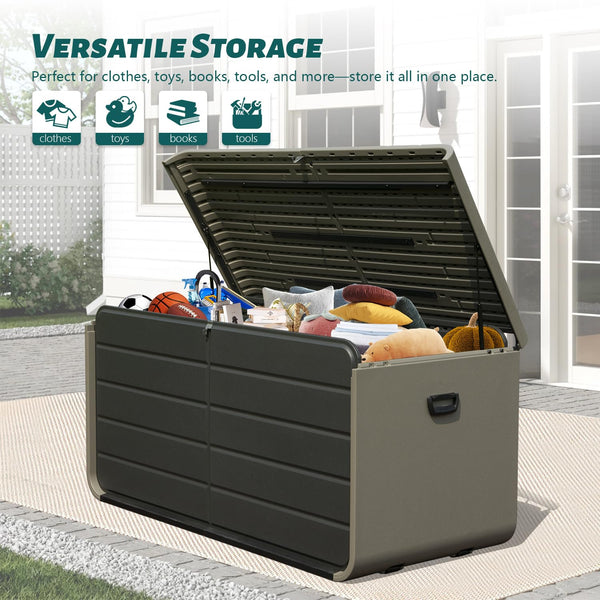 English Elm 200 Gallon Plastic Deck Box - Weatherproof UV-Resistant Patio Storage with Lock Holes, Wheels, Bench Functionality W1859P353180