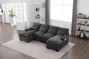 English Elm United We Win U-Shaped Modular Cloud Couch - 4-Seat Chenille Sofa With Double Chaise & Storage Pockets W1568S00215-GIGA