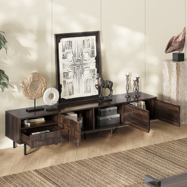 English Elm 78 Mid Century Modern TV Stand for 65–85" TVs with 3 Soft-Close Cabinets, Deep Drawer & Open Shelf (Walnut) N710P293264Q