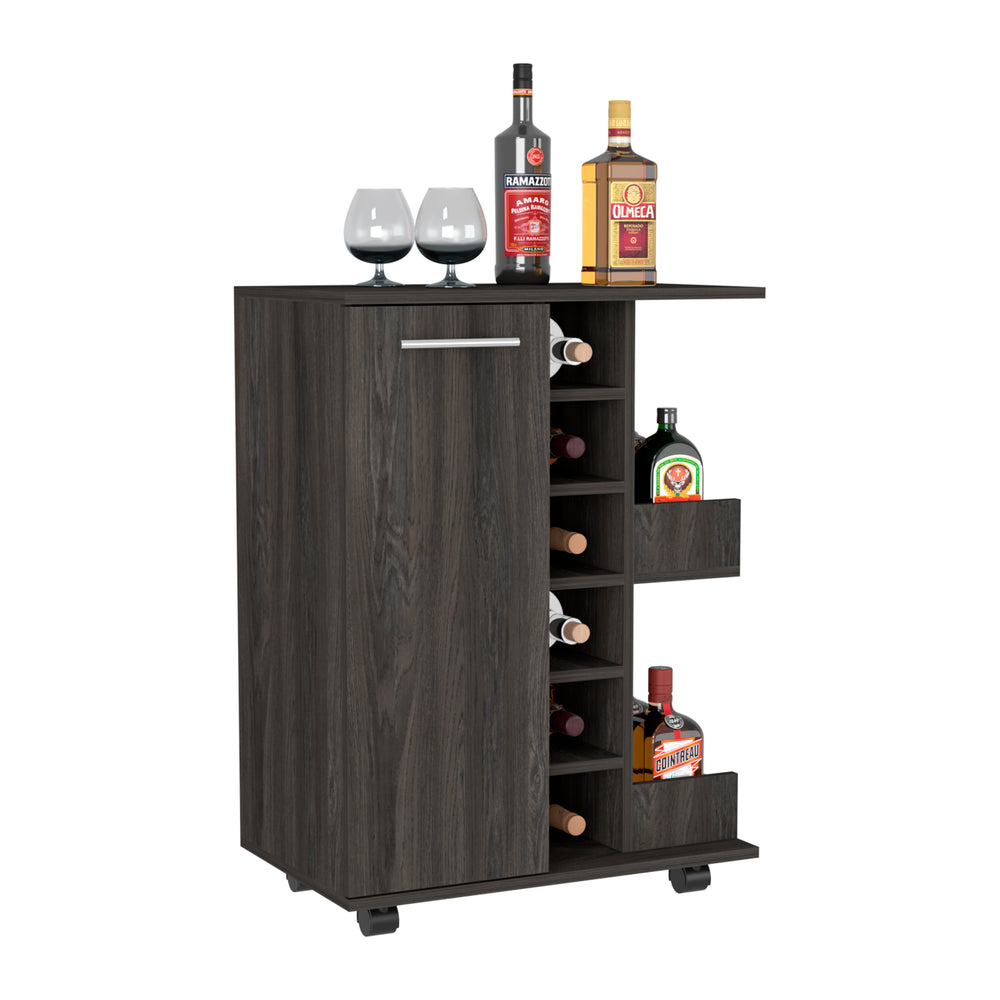 English Elm 32" Carbon Espresso Bar-Cart with Locking Casters, Brown Particle Board, Bottle Cubbies & Shelves B097133075