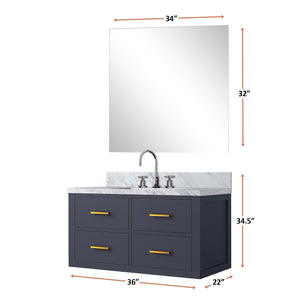 English Elm Blue Single-Sink Vanity Set With Carrara Marble Top, Chrome Faucet & Frameless Mirror – Stylish Elegance B2731S01984
