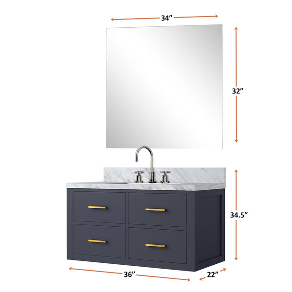 English Elm Blue Single-Sink Vanity Set With Carrara Marble Top, Chrome Faucet & Frameless Mirror – Stylish Elegance B2731S01984