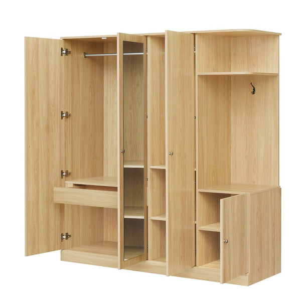 English Elm 4-Door Wardrobe with Full-Length Mirror, Dust-Proof Compartments, Shoe Door & Anti-Tip Safety Features Natural N820S00056N