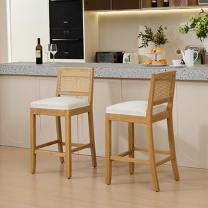 English Elm Full Solid Wood Rattan-Back Bar Stools Set Of 2 - Stylish Beige Cushions For Rustic Kitchen & Café W1143P384367