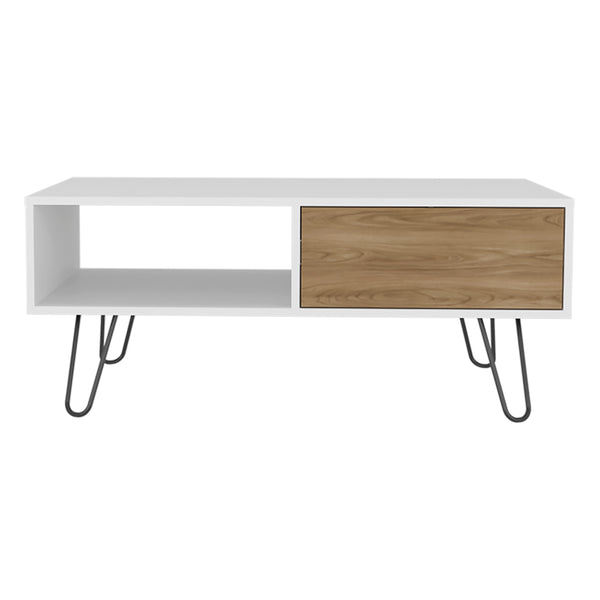 English Elm Taylor Modern Coffee Table with Hairpin Legs, White & Light Oak, Drawer + Open Shelf for Storage B092P254742