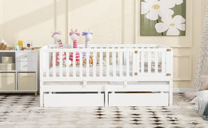 English Elm Full Size Pinewood Kids Daybed with Fence Rails Split Floor Bed and Storage Drawers White LP100882AAK
