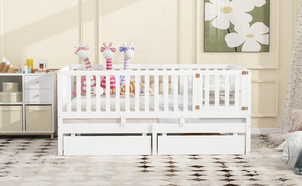 English Elm Full Size Pinewood Kids Daybed with Fence Rails Split Floor Bed and Storage Drawers White LP100882AAK