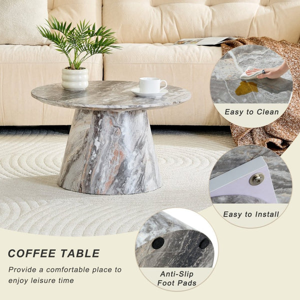 English Elm Grey Wood Grain Round Coffee Table Low Profile Mdf Living Room Accent Piece W2920P404129