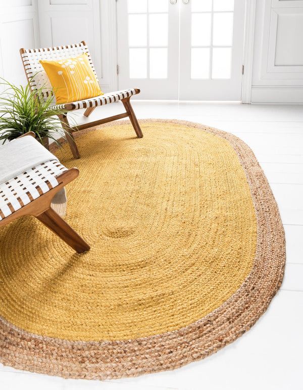Unique Loom Braided Jute Goa Hand Braided Border Rug Yellow, Natural 8' 0" x 10' 0"