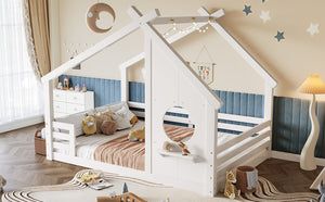 English Elm Twin House Bed Low Profile Pine Wood Frame with Shelf Montessori Kids Floor Sleeping Light White W5305P429644