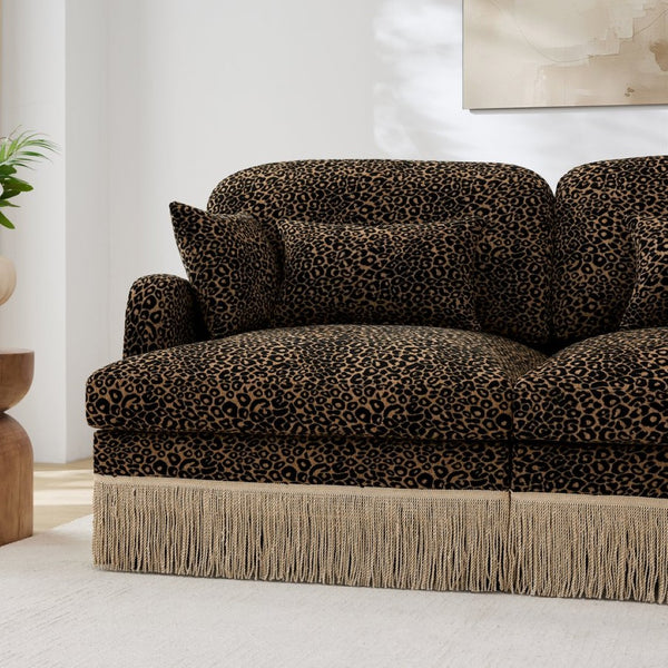 English Elm 131"comfy Chenille Leopard Print U-shaped Sectional with Tassel Trim and Modular Ottomans Brown W5656S00018