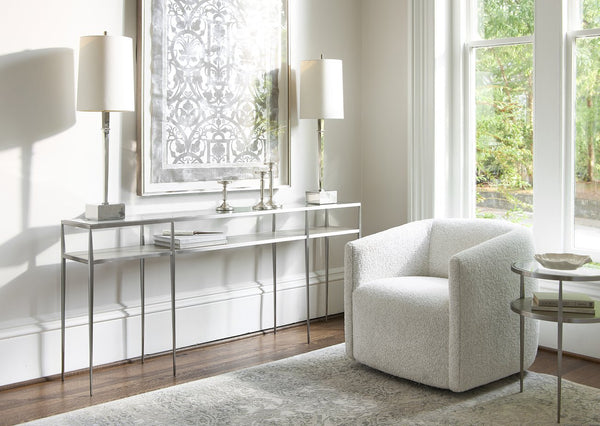 Bernhardt Bernhardt Cornelia Console Table — 72"W Tempered Glass Top, Brushed Stainless Frame, Nebbia Wood Shelf 331910