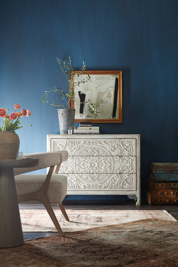 Hooker Furniture La Grange Lockhart Moroccan-Pattern Three-Drawer Accent Chest In Antique White—Boho Storage Elegance 6960-50007-02