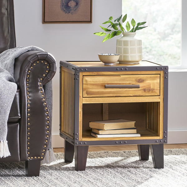 English Elm Christopher Knight Home® - BRIGHTON Acacia Wood Nightstand with Drawer & Open Shelf, Industrial Iron Frame, Natural Finish - Compact 20"x15" Accent Table for Bedroom Storage and Style 54716.00