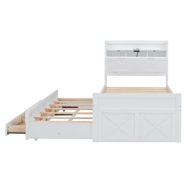 English Elm Twin Storage Bed with Headboard Outlets, Extendable Trundle & 3 Drawers, Durable MDF/Plywood Design White 80.5 L x 17.75 W x 5.25 H N733S172839K