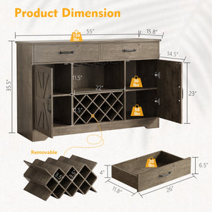 English Elm Coffee Bar Buffet Sideboard with Wine Rack Stemware Holder and Drawers in Oak Gray T3773P417369