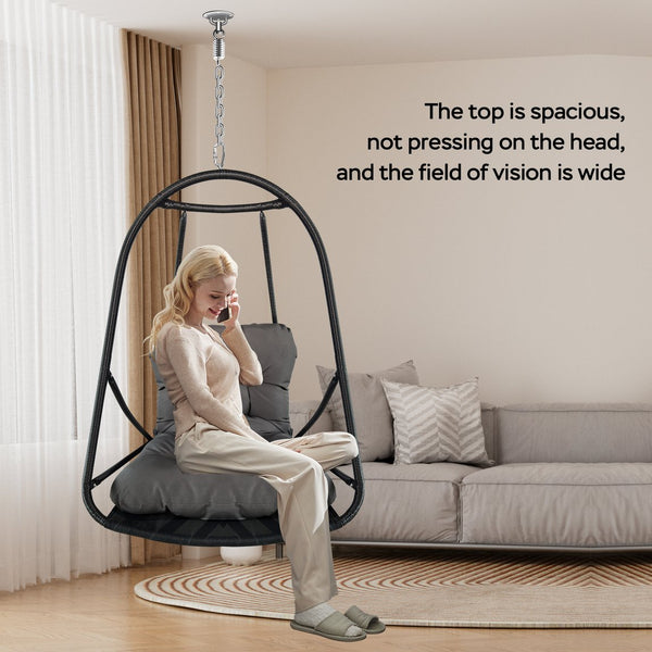 English Elm without Swing Egg Chair Rattan Hanging Patio Basket with C-Bracket, Foldable, Cup Holder, Cushions, Durable Metal Frame Black W2707P388615