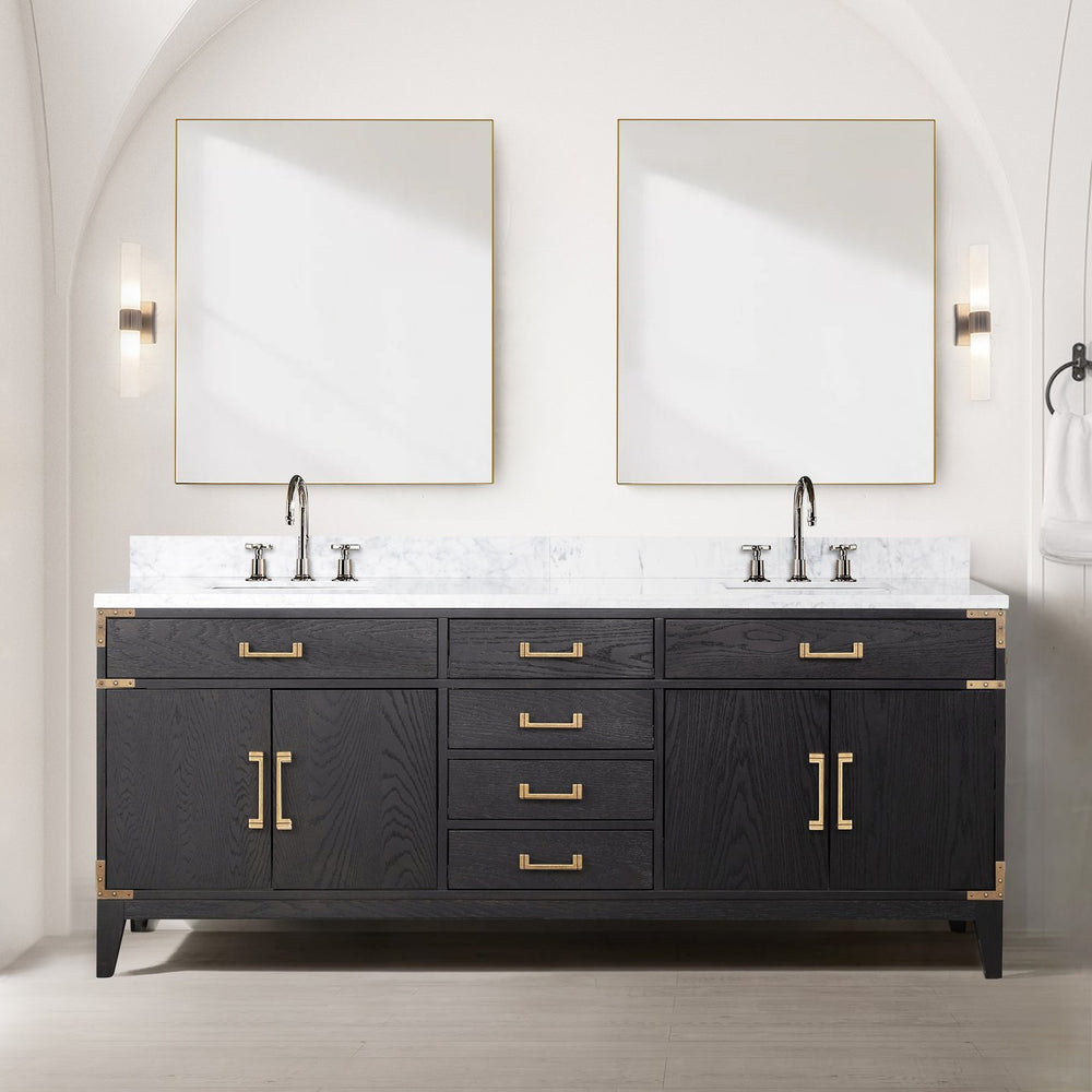 English Elm Black Oak Double Bath Vanity With Carrara Marble Top - Elegant Storage Solution For Your Bathroom B2731P260961