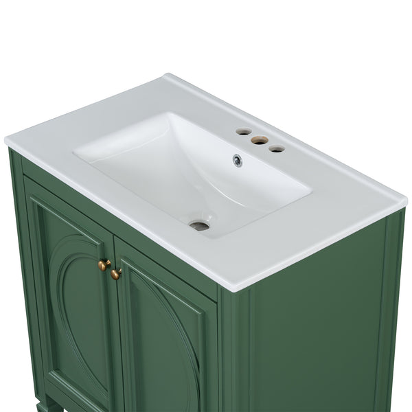English Elm Christopher Knight Home® - 30" Bathroom Vanity with Sink Vintage Freestanding Ceramic Top Soft-Close Doors Gold Knobs, Storage Green N759P226000F