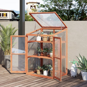 English Elm Outsunny Fir Wood Mini Greenhouse Cabinet with Polycarbonate Panels and Slatted Shelves W2225P200750