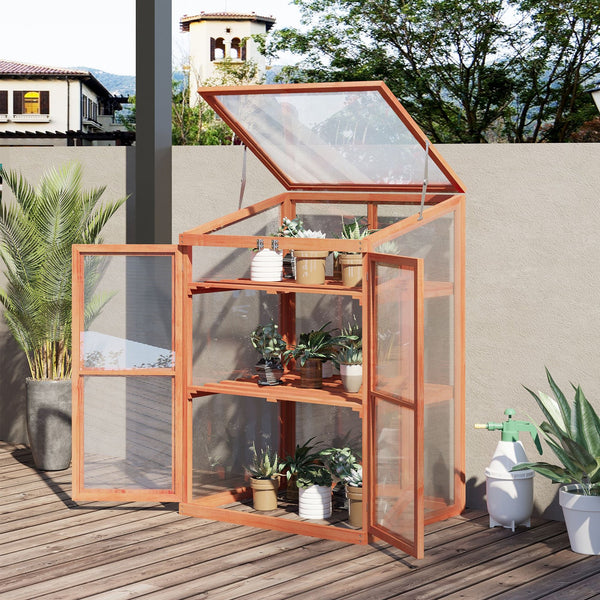 English Elm Outsunny Fir Wood Mini Greenhouse Cabinet with Polycarbonate Panels and Slatted Shelves W2225P200750