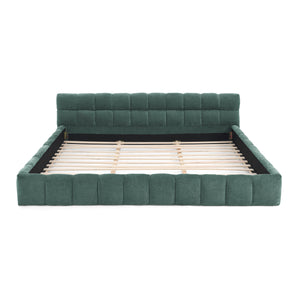 English Elm King Platform Bed Fully Upholstered in Plush Chenille with Low Profile Modern Frame Blue+Green W487S00466