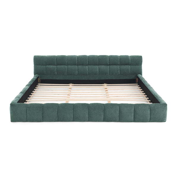 English Elm King Platform Bed Fully Upholstered in Plush Chenille with Low Profile Modern Frame Blue+Green W487S00466