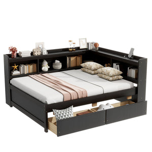 English Elm Full Size L-Shaped Bed With Bookcases, Usb Ports & Storage Drawers - Smart Space-Saving Solution! W504S00220