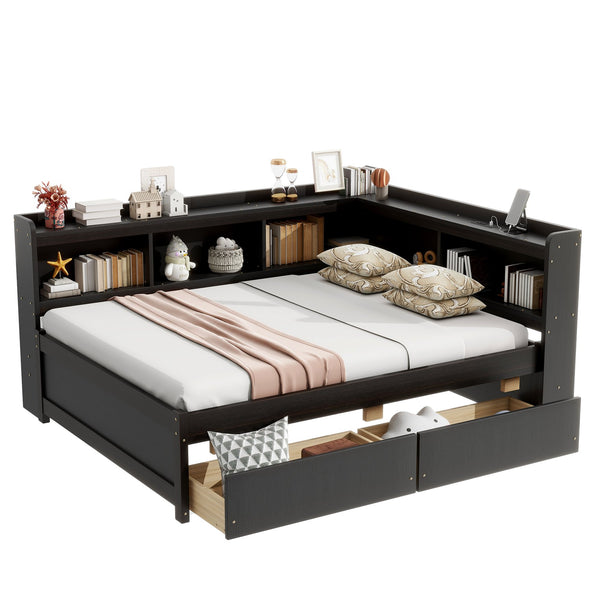 English Elm Full Size L-Shaped Bed With Bookcases, Usb Ports & Storage Drawers - Smart Space-Saving Solution! W504S00220