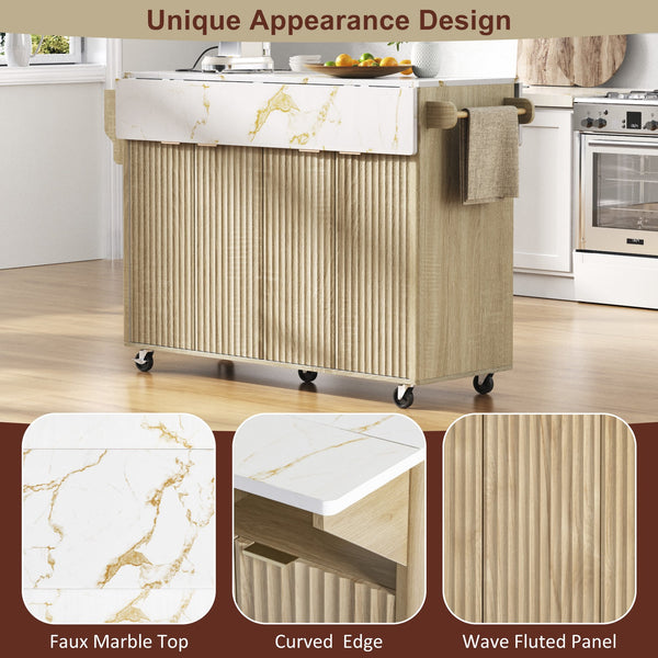 English Elm K&k Fluted Rolling Kitchen Island Faux Marble Top Power Outlet Storage Drawers Natural N707P353934Y