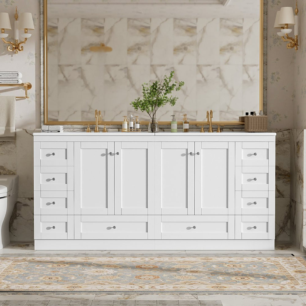 English Elm 72" Freestanding Shaker Bathroom Vanity Double Ceramic Sink Eight Soft Close Drawers N729P000032K
