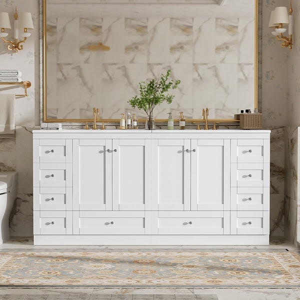 English Elm 72" Freestanding Shaker Bathroom Vanity Double Ceramic Sink Eight Soft Close Drawers N729P000032K