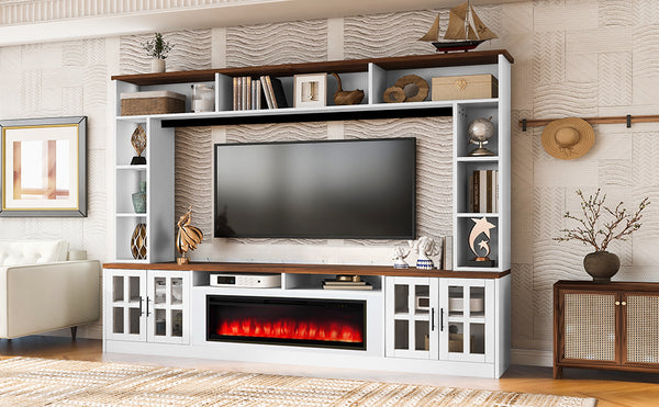 English Elm U-can Modern Farmhouse Wall Unit with Electric Fireplace Bookshelves and Glass Cabinet Doors White+Walnut SJ000153AAK