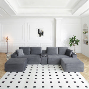 English Elm 125'' Modular L-shape Sectional Corduroy Cloud Couch with Storage and Usb Charging Grey W1117S00419