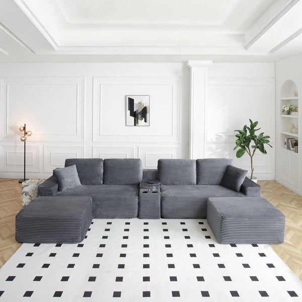 English Elm 150'' Modular L-shape Cloud Sectional Corduroy Sofa with Storage and Usb Charging W1117S00301