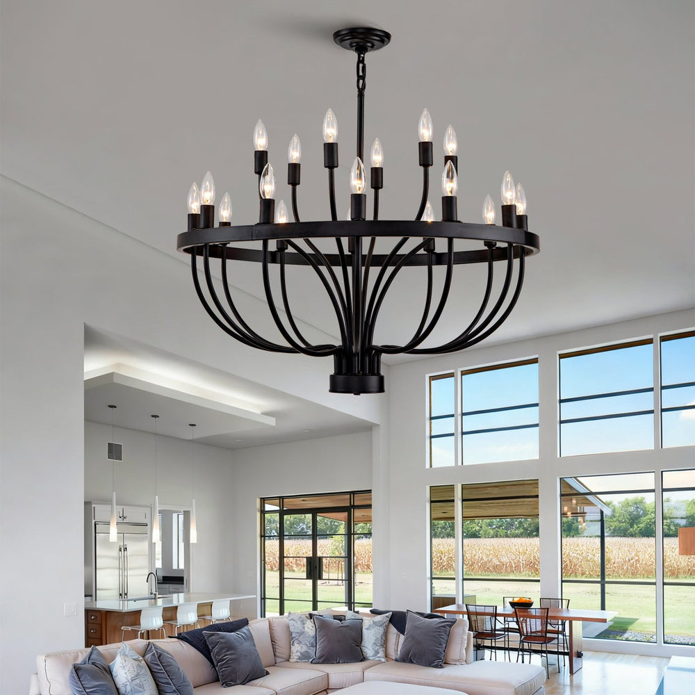 English Elm Industrial Black Metal 18-arm Candelabra Chandelier for Dining Room or Kitchen Island W2991P406718
