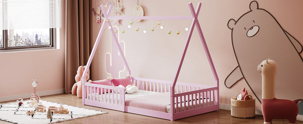 English Elm Twin House Bed with Roof and Fence for Kids – Sturdy Pine Frame, Vintage Wash Design, Safe Sleep Space Pink N709P183348H