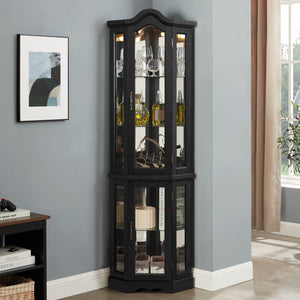 English Elm Lighted Corner Curio Cabinet With Adjustable Shelves & Integrated Lighting - Stylish Oak Display Solution W1758P300124