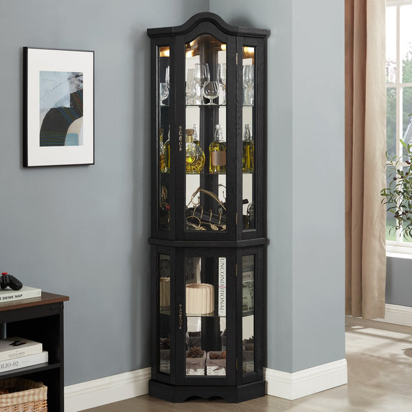 English Elm Lighted Corner Curio Cabinet With Adjustable Shelves & Integrated Lighting - Stylish Oak Display Solution W1758P300124