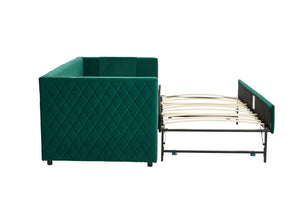 English Elm Emerald velvet daybed with diamond tufted pull-out trundle, modern sturdy frame, luxe guest bed for living spaces W1361S00033