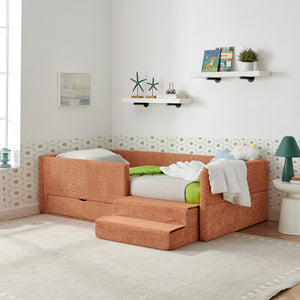English Elm Twin Boucle Upholstered Kids Bed with Guardrails Built in Storage and Cushioned Step Stool Orange W1413P433367