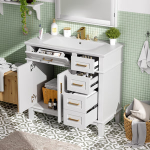 English Elm 36" Navy Bathroom Vanity Solid Wood Frame Ceramic Sink Gold Hardware Soft Close White N729P380151K
