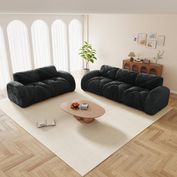 English Elm Three Seater Chenille Sofa with Ottoman Solid Wood Base Tufted Arms Living Room Black W714S01647