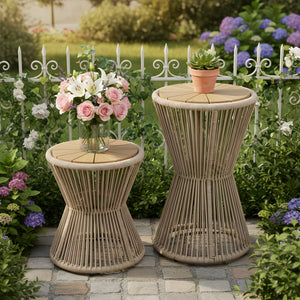 English Elm Scott Living Nara Outdoor Acacia Wood Side Tables with Woven Rope Iron Frame Set Beige,Light Teak N770PS2354692L