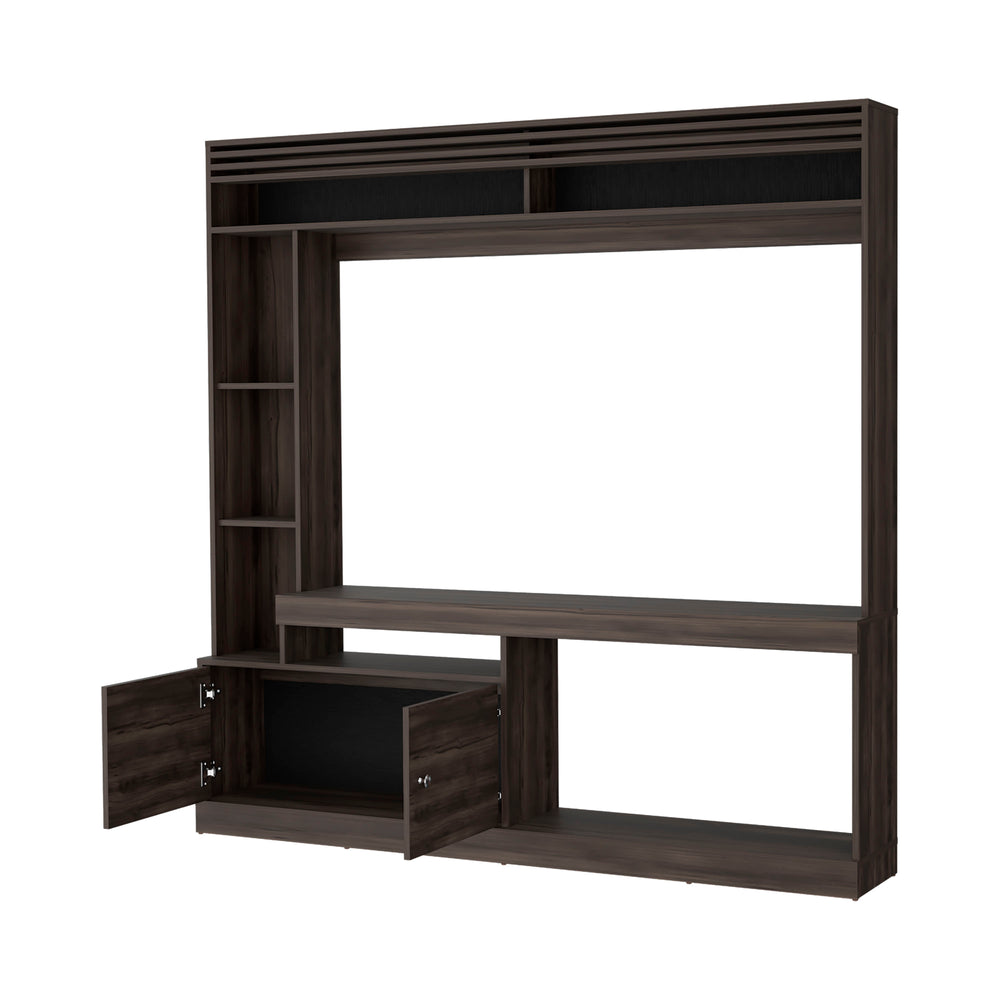 English Elm Rock House Entertainment Console with Two Doors, Open Shelves & Stained Walnut Finish for TVs B128S00044
