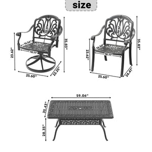 English Elm 7-Piece All-Weather Cast Aluminum Dining Set With Swivel Chairs, Cushions, And Rectangular Table W1710S00368